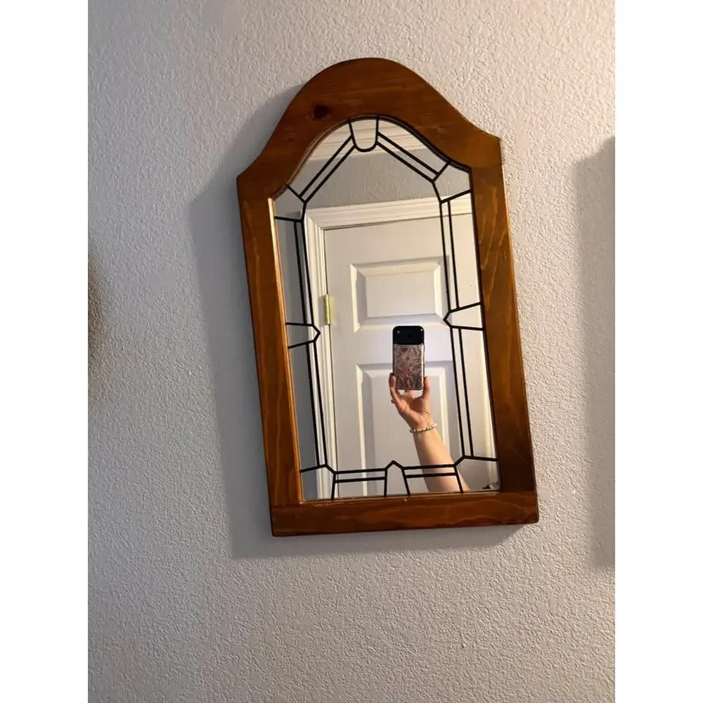 Vintage Wood & Leaded-Style Glass Arch Mirror – 23” x 13”